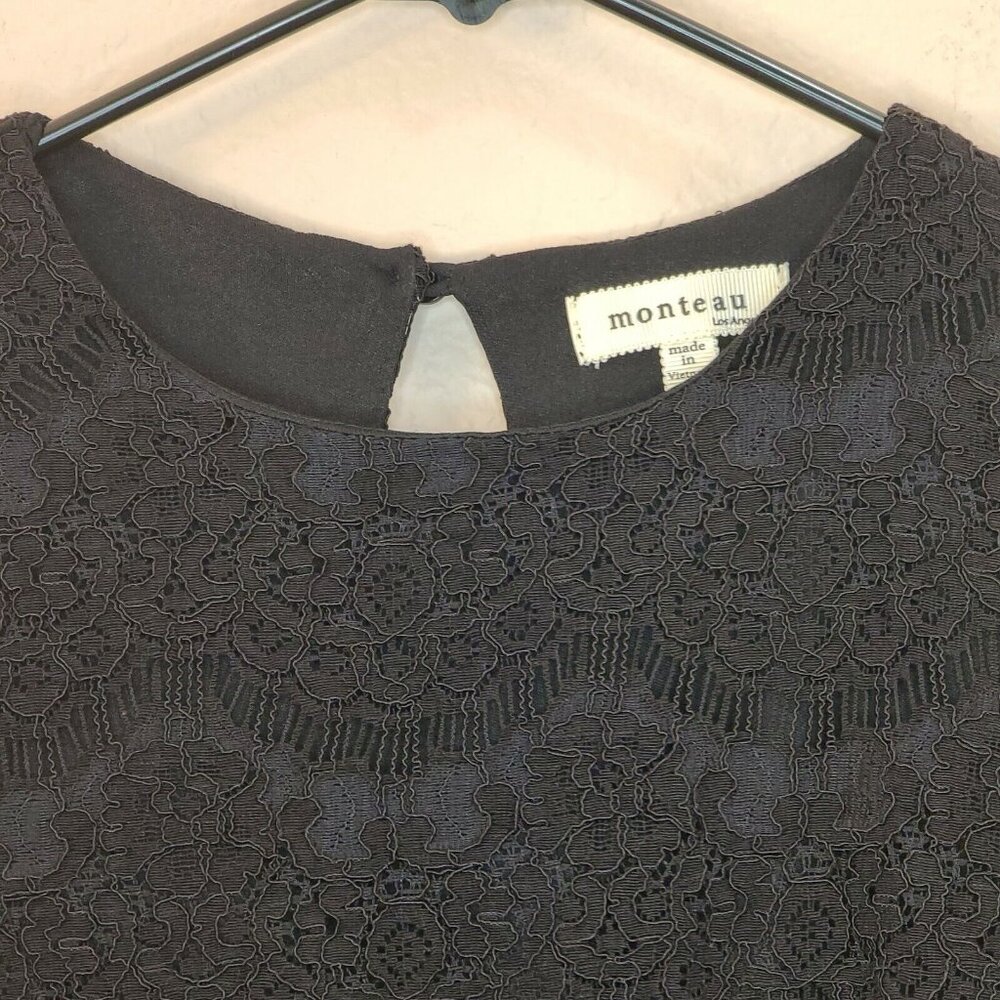 Monteau Womens Blouse Top Medium Black Floral Lace Crochet Short Sleeve Casual - Picture 8 of 12